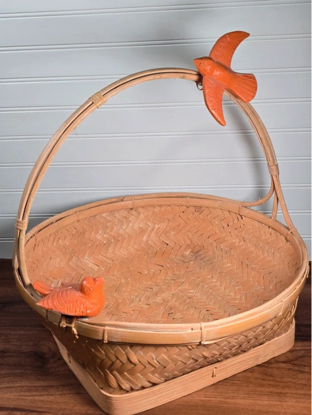 Vintage Bamboo Basket Carved Orange Birds Asian Boho Woven Decor